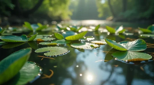 Vue macro réaliste d'un bassin de jardin naturel montrant la vie aquatique, plantes submergées et surface d'eau claire avec reflets lumineux