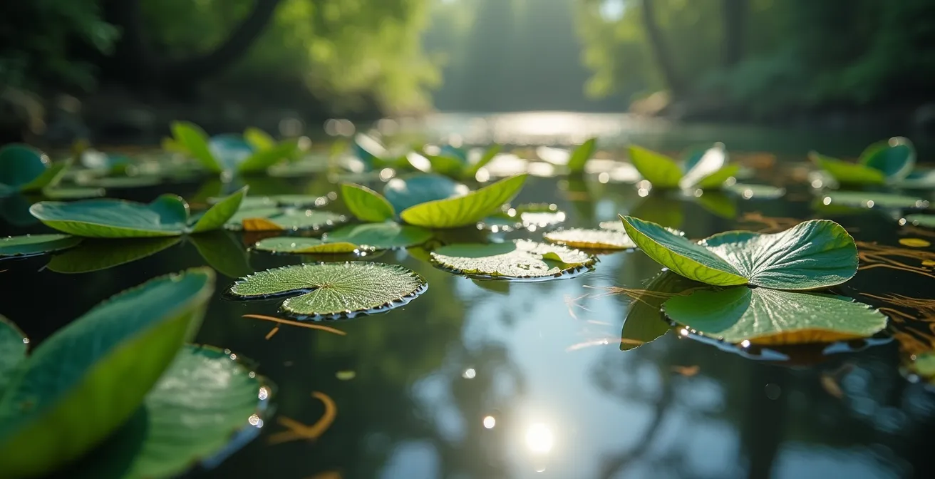 Vue macro réaliste d'un bassin de jardin naturel montrant la vie aquatique, plantes submergées et surface d'eau claire avec reflets lumineux