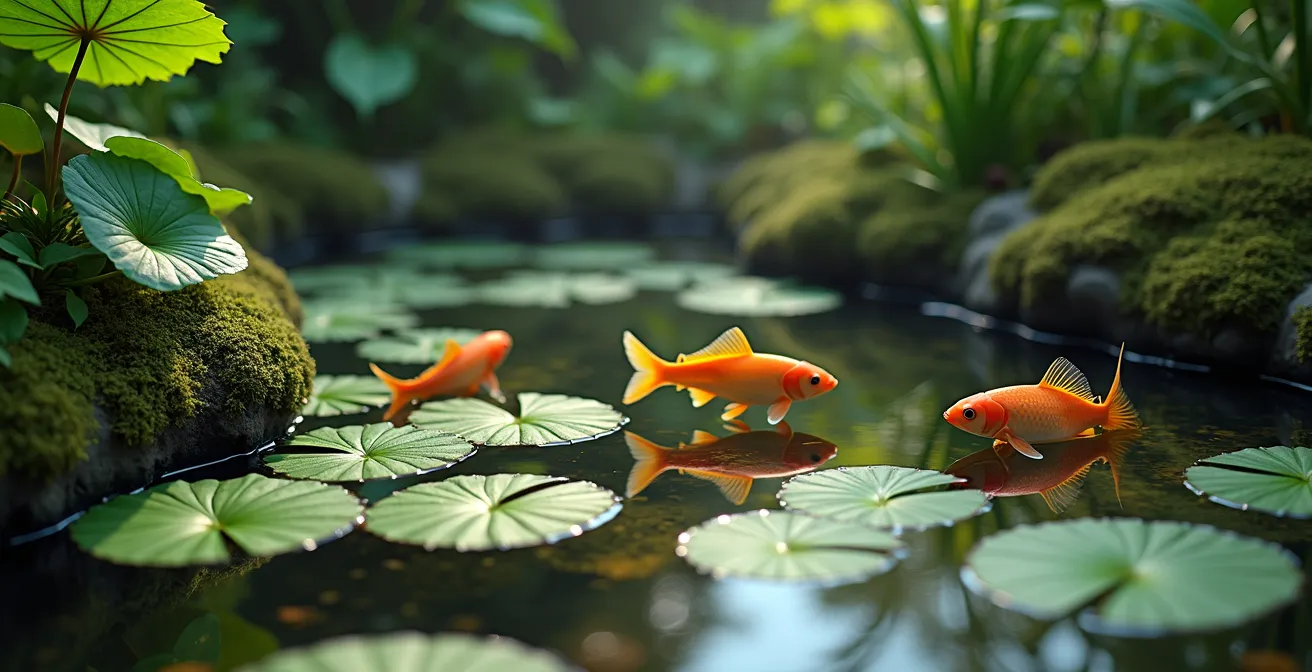 Vue équilibrée d'un bassin de jardin avec plantes et quelques poissons visibles dans l'eau claire