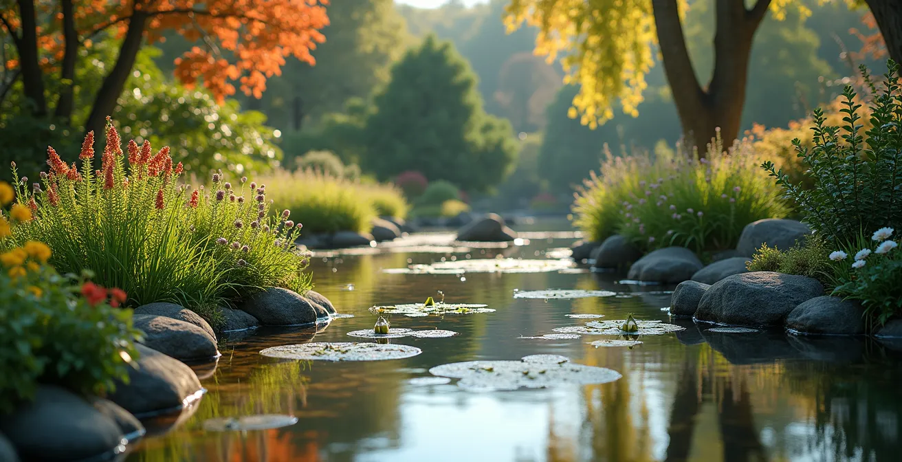 Scène naturelle d'un bassin de jardin au fil des saisons montrant changements de végétation et faune