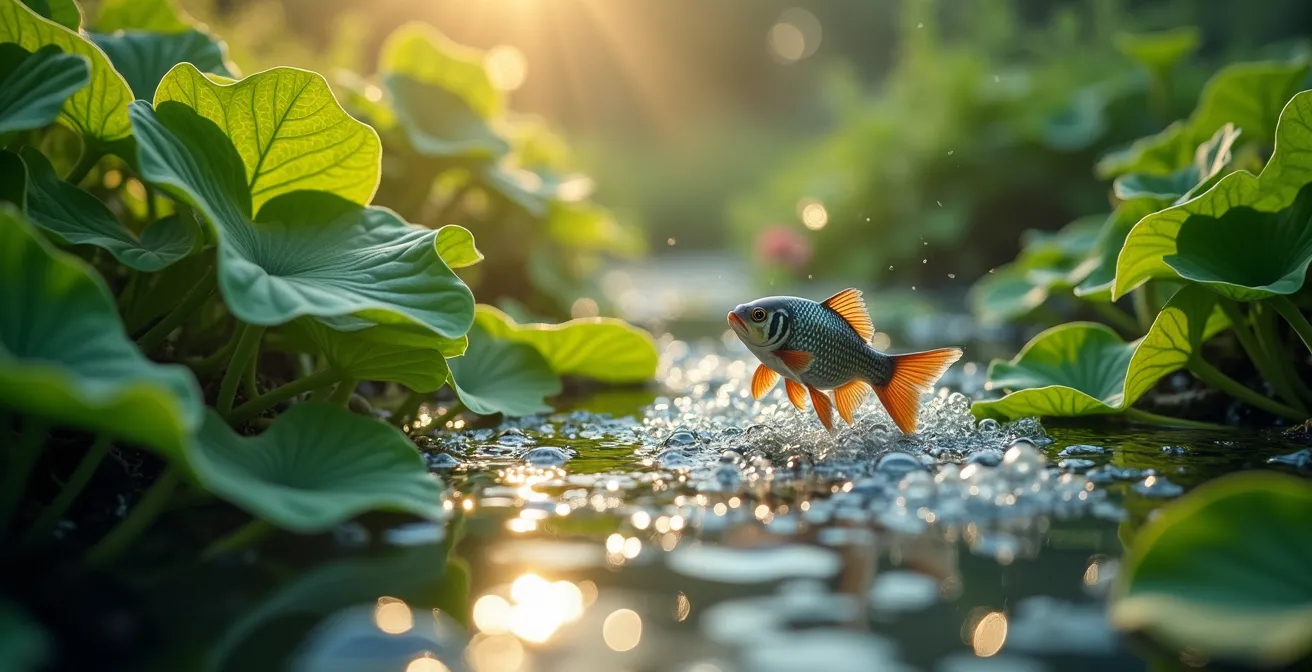 Bassin de jardin avec plantes aquatiques luxuriantes et poissons visibles dans l'eau claire