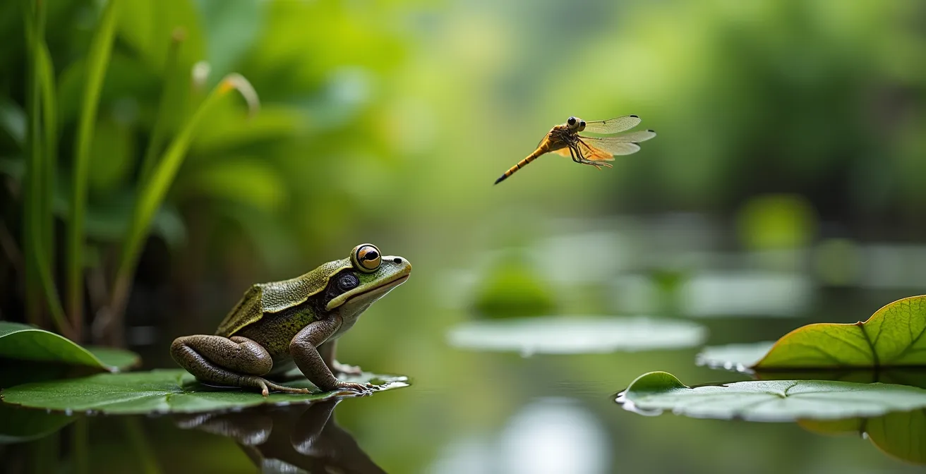 Zone naturelle de jardin avec plantes de berge, grenouille sur une feuille et libellule en vol