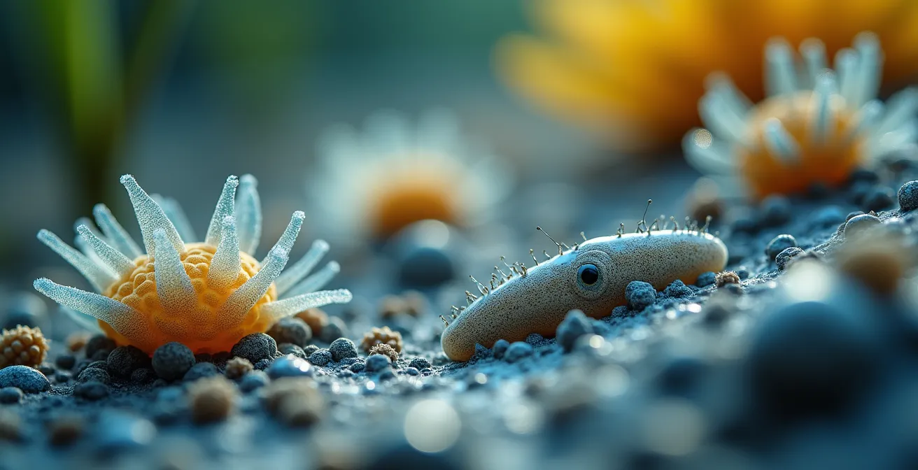 Gros plan réaliste sur bactéries et micro-invertébrés aquatiques dans un bassin naturel