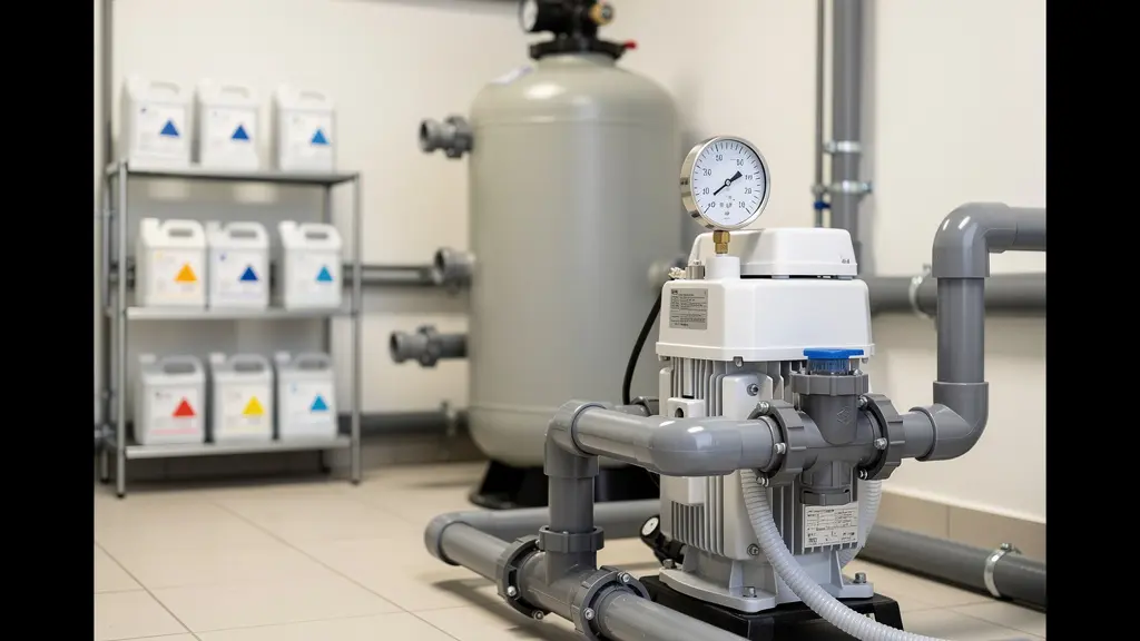 Local technique piscine avec pompe de filtration et système hydraulique, équipement entretien bassin