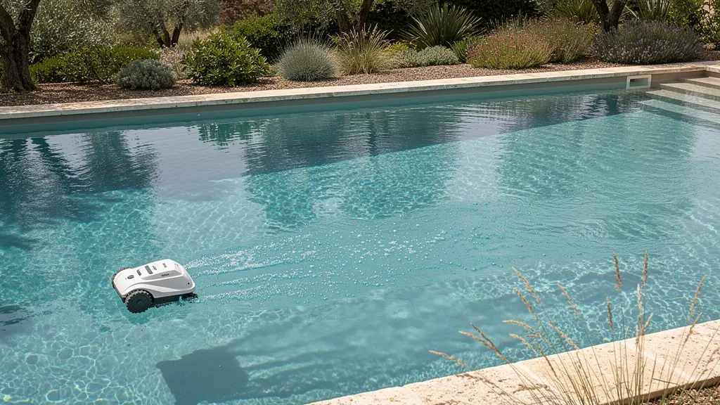 Robot piscine électrique en action au fond d'un bassin turquoise, équipement filtration visible