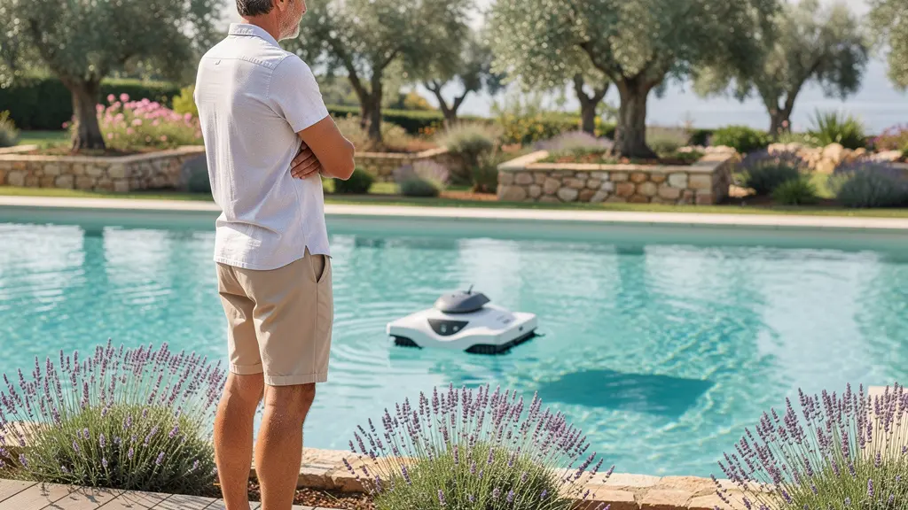 Propriétaire observant son robot piscine depuis la terrasse, équipement automatique bassin