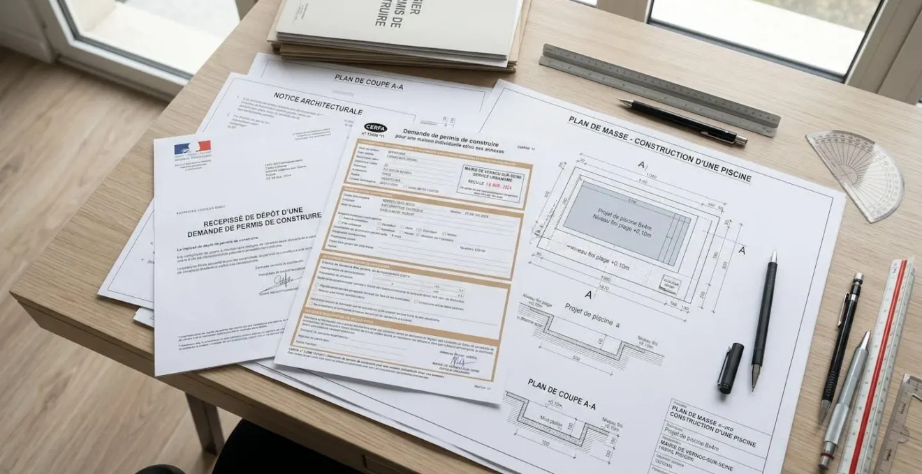 Documents administratifs français étalés sur un bureau : plans techniques de piscine, formulaire CERFA et tampon officiel de mairie pour demande de permis de construire