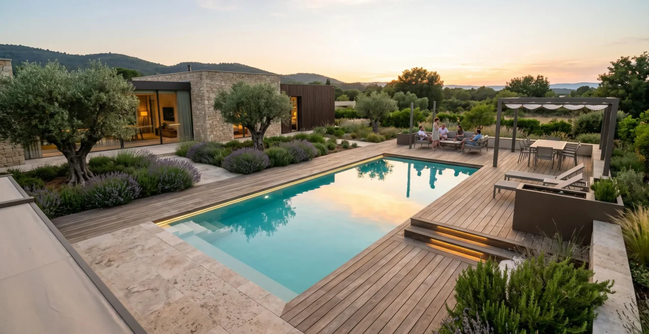 Vue d'ensemble d'un jardin résidentiel moderne avec piscine enterrée rectangulaire, terrasse en bois, éclairage LED intégré et végétation méditerranéenne, photographié en lumière dorée