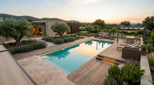 Vue d'ensemble d'un jardin résidentiel moderne avec piscine enterrée rectangulaire, terrasse en bois, éclairage LED intégré et végétation méditerranéenne, photographié en lumière dorée