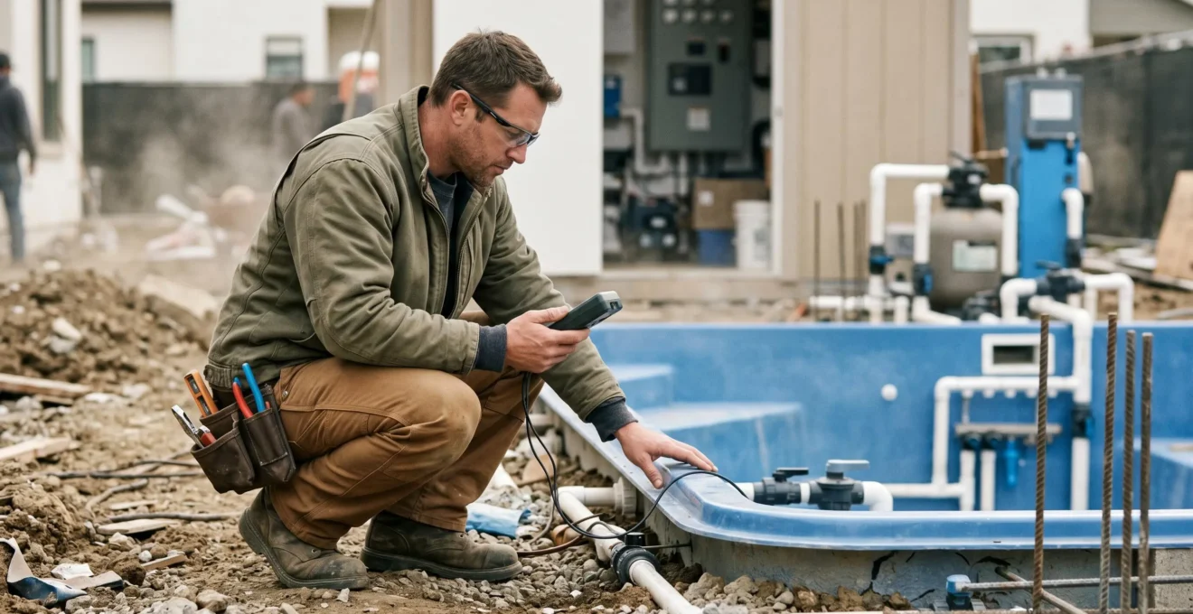 Technicien piscinier professionnel en tenue de travail contrôlant l'installation d'une coque de piscine sur un chantier avec équipements techniques visibles