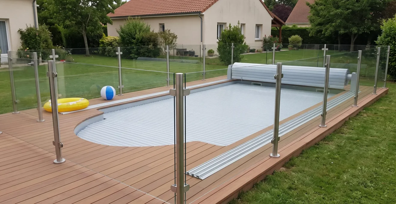 Piscine familiale en forme de haricot équipée d'une barrière en verre transparent sur poteaux inox et d'une couverture automatique à lames grises partiellement déployée, jardin avec jouets d'enfants et maison pavillonnaire en arrière-plan