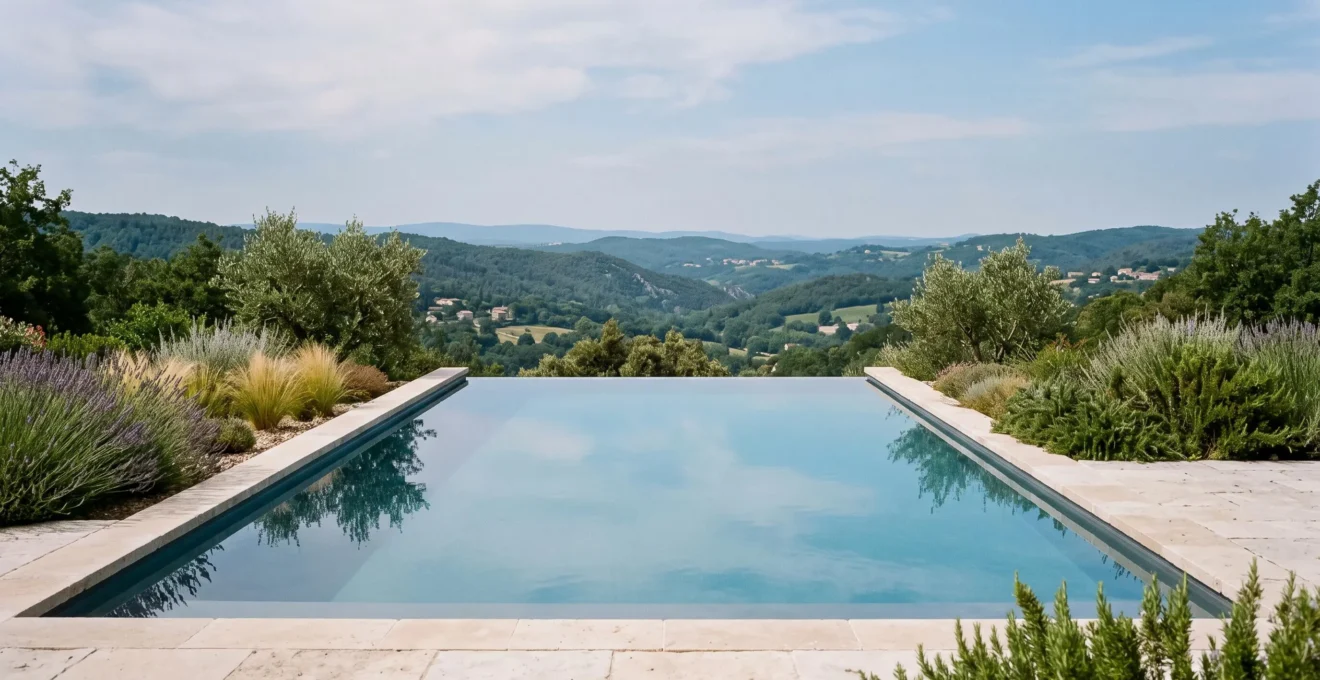 Piscine à débordement rectangulaire avec margelle pierre naturelle, surface miroir reflétant le ciel et vue sur collines boisées françaises, bordure de végétation méditerranéenne