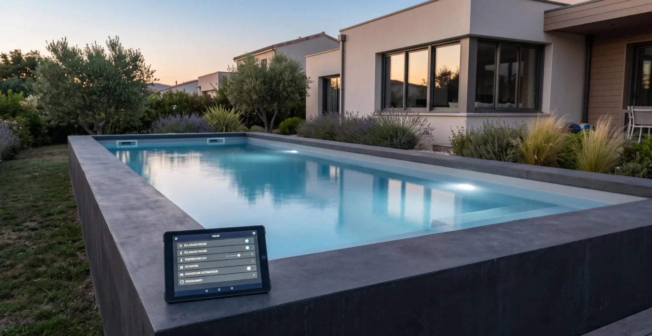 Piscine moderne rectangulaire au crépuscule avec éclairage LED bleu immergé et tablette de contrôle domotique posée sur margelle en béton anthracite, jardin méditerranéen et maison contemporaine en arrière-plan