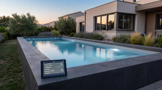 Piscine moderne rectangulaire au crépuscule avec éclairage LED bleu immergé et tablette de contrôle domotique posée sur margelle en béton anthracite, jardin méditerranéen et maison contemporaine en arrière-plan