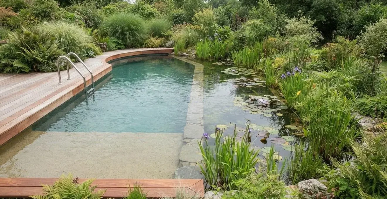 Piscine naturelle biologique en forme organique avec zone baignade à margelle bois et eau claire à gauche, zone végétalisée avec plantes aquatiques épuratrices et nénuphars à droite, séparées par muret pierre immergé, végétation luxuriante alentour et libellule sur feuille